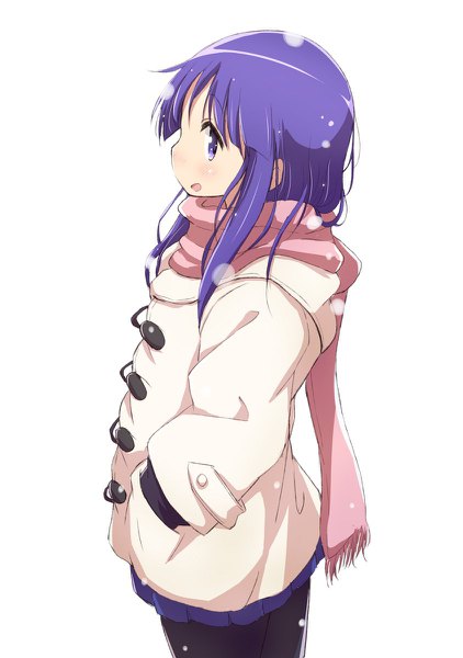 Anime picture 844x1200 with yuyushiki hinata yukari mel (melty pot) single long hair tall image looking at viewer blush fringe open mouth simple background standing white background purple eyes payot purple hair profile snowing hand in pocket girl