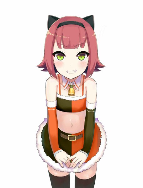 Anime picture 760x1000 with league of legends annie (league of legends) aurum saki single tall image looking at viewer blush fringe short hair breasts simple background smile white background green eyes animal ears pink hair cat ears grin flat chest bell collar
