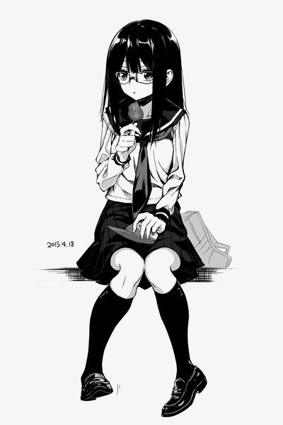 Anime picture 660x991 with original suisen single long hair tall image fringe simple background sitting holding looking away full body bent knee (knees) blunt bangs pleated skirt grey background dated monochrome eating 2015 girl