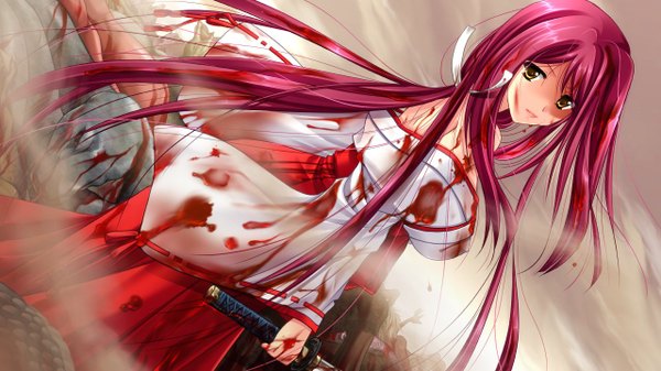 Аниме картинка 1280x720 с kagura gakuen ki tsurugi asaka yamamoto kazue длинные волосы широкое изображение жёлтые глаза game cg красные волосы мико девушка меч кровь