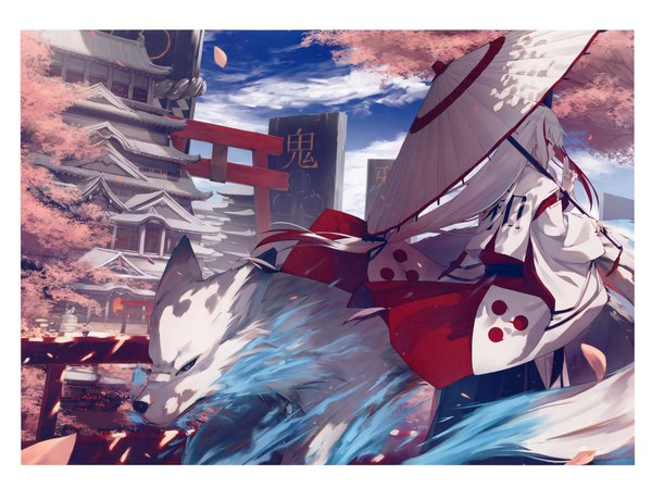 Anime picture 3805x2919 with original eshi 100-nin ten nagishiro mito single long hair looking at viewer fringe highres red eyes standing holding absurdres sky cloud (clouds) outdoors white hair traditional clothes japanese clothes profile looking back