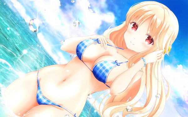 Anime picture 1920x1200 with girlfriend (kari) sasahara nonoka masa (mirage77) single long hair looking at viewer blush fringe highres breasts light erotic blonde hair smile red eyes standing bare shoulders payot sky cleavage cloud (clouds)