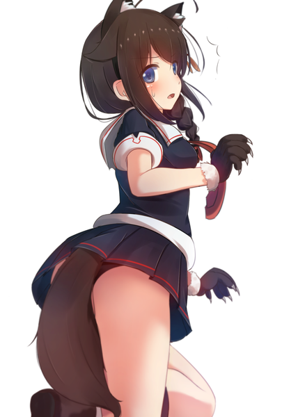 Anime picture 800x1185 with kantai collection shigure destroyer cuon (kuon) single long hair tall image blush open mouth blue eyes light erotic black hair simple background brown hair standing white background animal ears tail animal tail looking back pantyshot