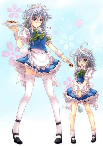Anime picture 1266x1800 with touhou izayoi sakuya mickey dunn long hair tall image open mouth blue eyes smile standing multiple girls silver hair full body ahoge braid (braids) short sleeves maid high heels puffy sleeves twin braids frilly skirt