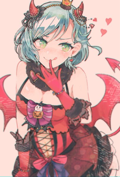 Anime picture 800x1179 with bang dream! hikawa hina itomugi-kun single tall image blush short hair breasts simple background bare shoulders green eyes looking away cleavage tail aqua hair pink background halloween demon tail hand to mouth demon wings