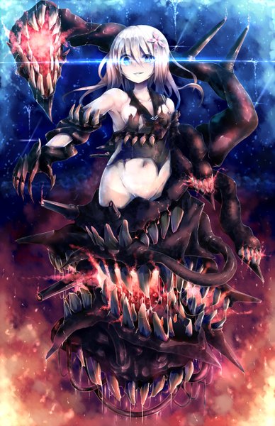 Anime picture 1715x2647 with kantai collection ro-500 submarine silyouta1120 long hair tall image highres open mouth blue eyes light erotic smile bare shoulders white hair hair flower teeth bare belly fang (fangs) torn clothes saliva pale skin girl