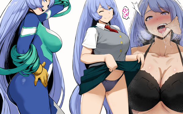 Anime picture 7450x4676 with boku no hero academia studio bones hadou nejire hews long hair looking at viewer blush highres breasts open mouth blue eyes light erotic simple background smile large breasts white background payot blue hair absurdres cleavage