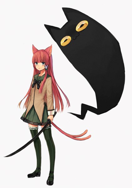 Anime picture 1200x1700 with original ichijou kokona midorikawa you single long hair tall image looking at viewer simple background standing green eyes animal ears full body red hair tail animal tail pleated skirt cat ears grey background cat girl cat tail