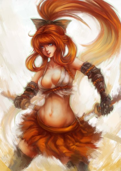 Anime picture 3508x4961 with original kuon (kwonchanji) single long hair tall image looking at viewer highres breasts open mouth blue eyes light erotic absurdres ponytail orange hair realistic midriff girl skirt navel bow