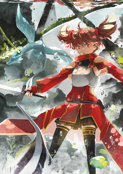 Anime picture 1024x1448 with sword art online a-1 pictures silica saberiii tall image short hair red eyes brown hair twintails short twintails girl thighhighs underwear weapon black thighhighs sword bubble (bubbles) fish (fishes) dragon