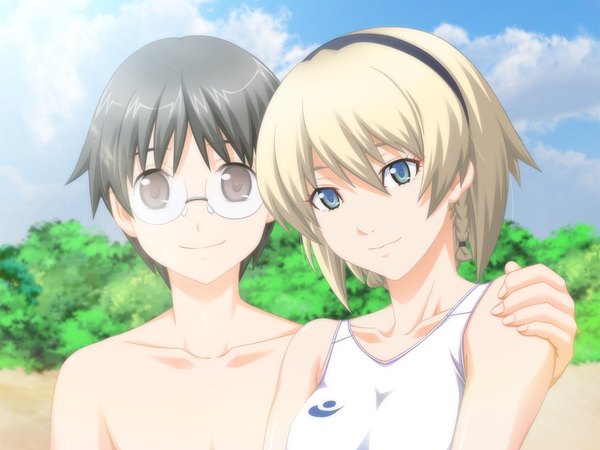 Anime picture 1024x768 with kansen5 (game) short hair black hair blonde hair smile brown eyes green eyes game cg couple girl boy glasses