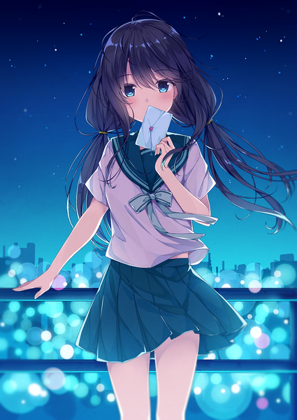 Anime picture 1003x1416 with original taiyaki (astre) single long hair tall image looking at viewer blush fringe breasts blue eyes black hair hair between eyes standing twintails holding outdoors pleated skirt wind night short sleeves