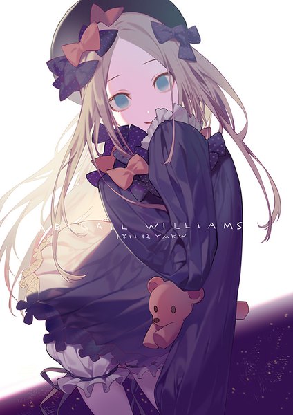 Anime picture 620x877 with fate (series) fate/grand order abigail williams (fate) yamakawa single long hair tall image looking at viewer blonde hair white background signed aqua eyes character names dated shaded face girl dress bow hair bow hat