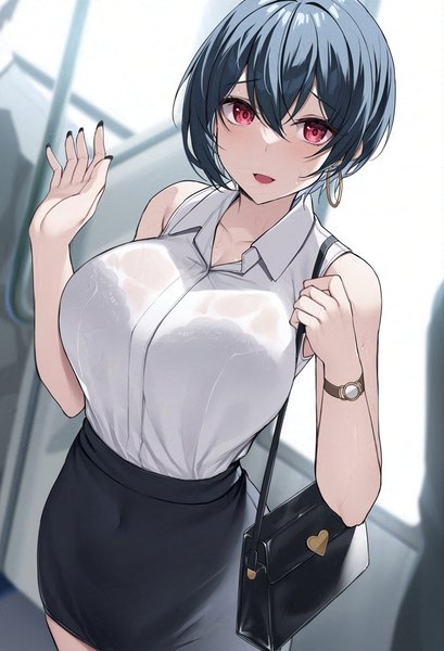 Anime picture 750x1100 with original xe (execut3r) single tall image looking at viewer fringe short hair breasts open mouth light erotic black hair hair between eyes large breasts standing bare shoulders nail polish :d fingernails from above wet