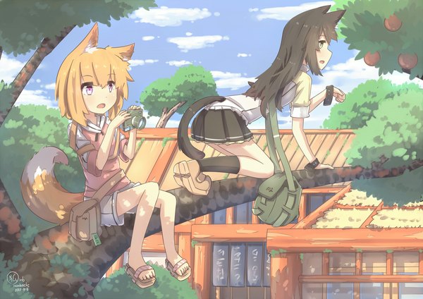 Anime picture 3508x2480 with original hinbackc long hair highres short hair open mouth black hair blonde hair sitting purple eyes multiple girls holding green eyes signed animal ears looking away absurdres sky cloud (clouds) full body