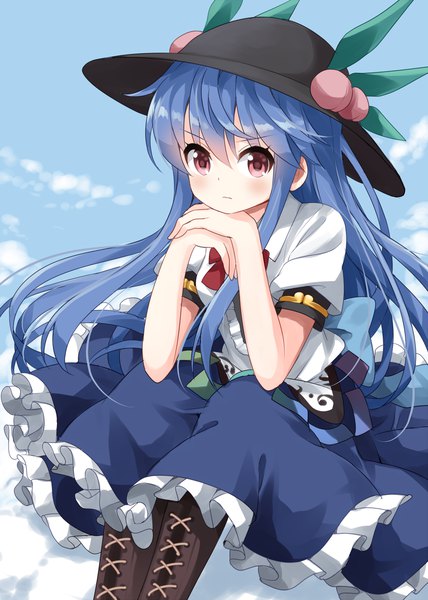 Anime picture 1000x1400 with touhou hinanawi tenshi ruu (tksymkw) single long hair tall image blush fringe hair between eyes red eyes blue hair sky cloud (clouds) puffy sleeves lacing serious chin rest midair girl hat