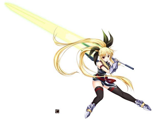 Anime picture 1280x1000 with mahou shoujo lyrical nanoha fate testarossa tebukuro single long hair looking at viewer open mouth light erotic simple background blonde hair red eyes white background twintails girl thighhighs bow weapon black thighhighs hair bow sword