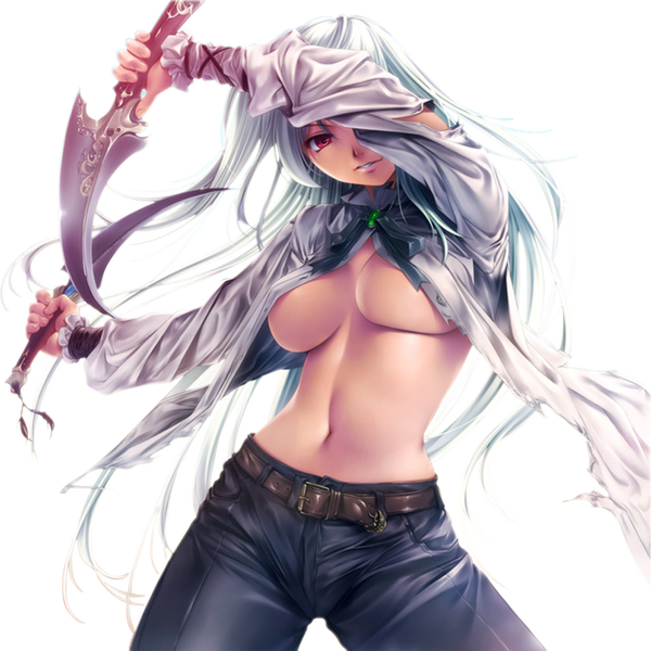 Anime picture 1024x1024 with rezi truelove (artist) single long hair breasts light erotic smile red eyes nipples white hair midriff torn clothes transparent background girl navel weapon belt pants knife blouse