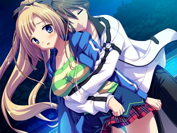 Anime picture 1024x768 with kurogane no tsubasa kasugai natsuki lilith snowdrop long hair blue eyes light erotic blonde hair brown hair game cg pantyshot couple girl boy underwear panties