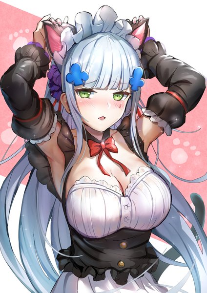 Anime picture 707x1000 with girls frontline hk416 (girls frontline) qian wu atai single long hair tall image looking at viewer blush fringe breasts open mouth light erotic simple background large breasts standing green eyes animal ears cleavage silver hair tail