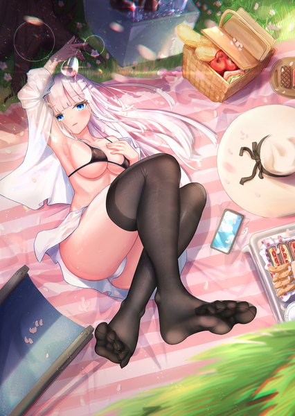 Anime-Bild 1240x1748 mit original ping9137 single long hair tall image looking at viewer fringe breasts blue eyes light erotic large breasts holding outdoors white hair lying blunt bangs open clothes sweat open shirt no shoes