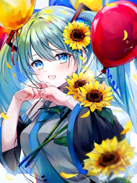 Anime picture 1499x2000 with vocaloid hatsune miku syana alice single long hair tall image looking at viewer blush fringe open mouth blue eyes hair between eyes twintails upper body :d aqua hair sparkle girl flower (flowers) necktie