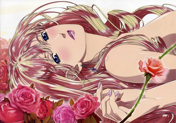 Anime picture 10048x7009 with macross macross frontier sheryl nome single long hair blush highres open mouth blue eyes light erotic blonde hair smile bare shoulders absurdres nail polish scan lipstick wavy hair makeup incredibly absurdres