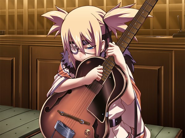 Anime picture 1024x768 with hotel (game) blue eyes blonde hair twintails game cg loli short twintails girl eyepatch guitar