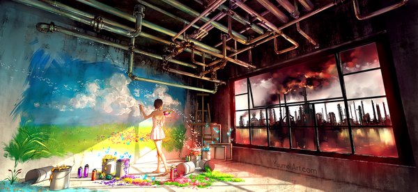 Anime picture 2000x921 with original yuumei single highres short hair brown hair wide image standing bare shoulders signed sky indoors barefoot from behind sunlight bare legs shadow city watermark reflection