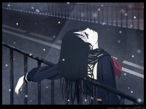 Anime picture 1600x1200 with hell girl studio deen aniplex enma ai candy-chan oka mariko single long hair black hair standing outdoors long sleeves copyright name border snowing looking up winter third-party edit expressionless girl