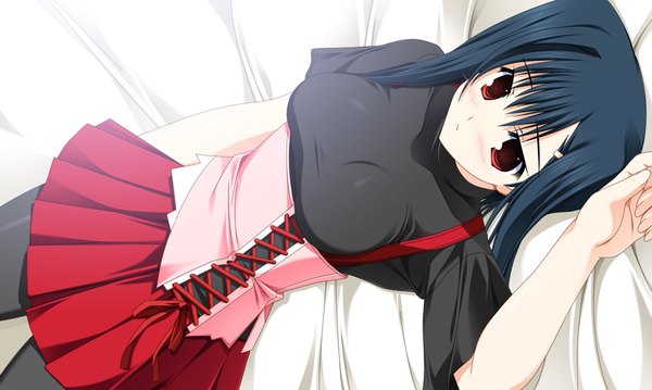 Anime picture 1024x614 with primitive link purple software black hair red eyes wide image game cg lying girl
