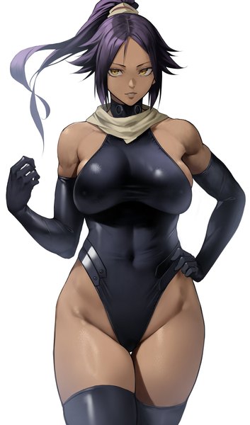 Anime picture 1205x2048 with bleach studio pierrot shihouin yoruichi yoshio (55level) single long hair tall image breasts light erotic simple background large breasts white background yellow eyes purple hair ponytail hand on hip dark skin covered navel highleg girl