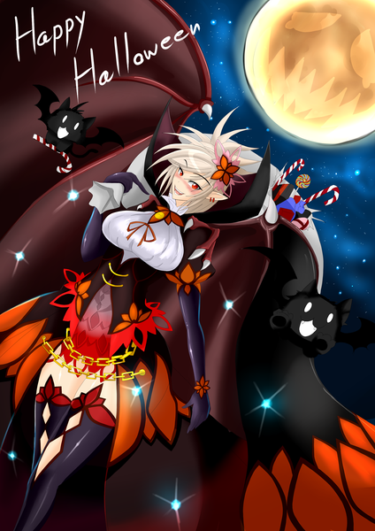 Anime picture 2893x4092 with league of legends riven (league of legends) torahime (roland00) single tall image blush highres short hair smile red eyes pointy ears grey hair halloween cosplay happy halloween girl dress earrings animal wings