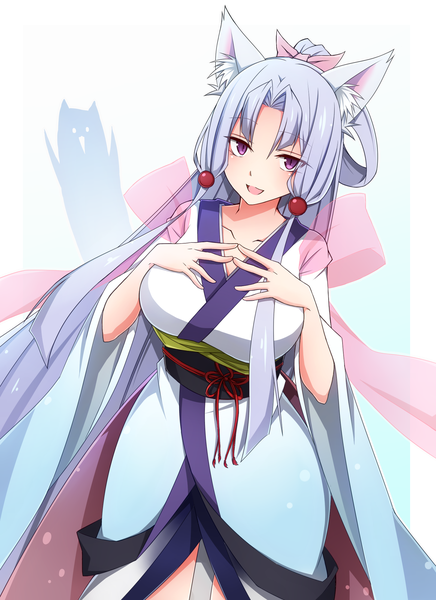 Anime picture 1600x2200 with voiceroid touhoku itako tokonone single long hair tall image looking at viewer blush fringe breasts open mouth smile large breasts purple eyes animal ears payot silver hair traditional clothes :d japanese clothes