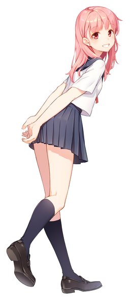 Anime picture 1776x4032 with original yinqi single long hair tall image looking at viewer blush fringe highres simple background smile red eyes standing white background pink hair full body pleated skirt short sleeves leaning leaning forward