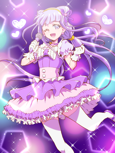 Anime picture 600x800 with precure hugtto! precure toei animation ruru amour tj-type1 single long hair tall image looking at viewer blush fringe open mouth simple background standing purple eyes twintails holding payot purple hair sparkle