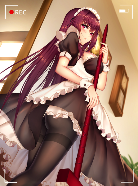 Anime picture 893x1203 with fate (series) fate/grand order scathach (fate) (all) mallizmora single long hair tall image looking at viewer blush fringe light erotic hair between eyes red eyes standing holding purple hair indoors from behind from below maid