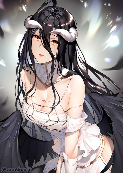 Anime picture 1288x1811 with overlord (maruyama) madhouse albedo (overlord) sunako (veera) single long hair tall image looking at viewer fringe breasts open mouth light erotic black hair simple background hair between eyes large breasts standing signed yellow eyes cleavage