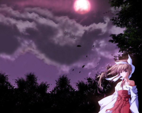 Anime picture 1280x1024 with tagme (copyright) zaira single long hair brown hair bare shoulders brown eyes signed looking away sky cloud (clouds) japanese clothes night night sky miko red moon girl plant (plants) tree (trees) leaf (leaves)