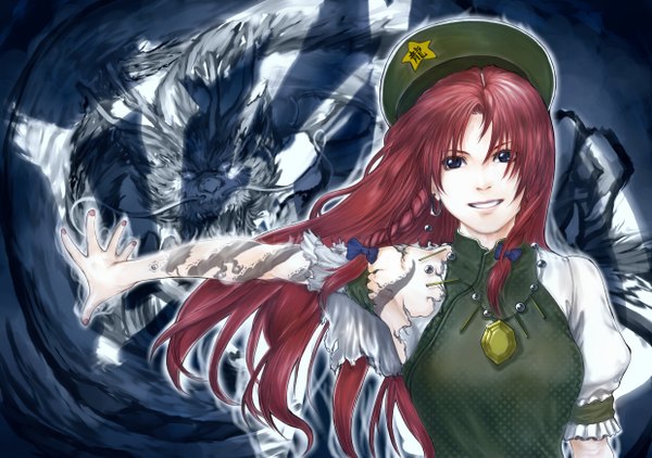 Anime picture 2480x1748 with touhou hong meiling chopper long hair highres blue eyes smile red eyes red hair braid (braids) torn clothes magic girl hat earrings animal jewelry dragon