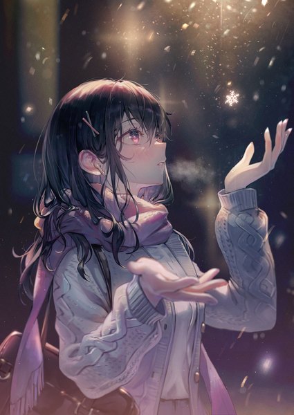 Anime picture 900x1271 with original tokkyu single long hair tall image blush fringe black hair hair between eyes looking away long sleeves parted lips pink eyes open clothes arms up symbol-shaped pupils snowing girl hair ornament headphones