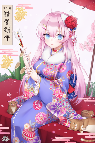 Anime picture 800x1200 with original pong (vndn124) single long hair tall image looking at viewer blush fringe breasts open mouth blue eyes hair between eyes sitting holding signed pink hair traditional clothes japanese clothes wide sleeves sparkle