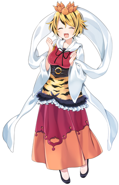 Anime picture 635x988 with touhou toramaru shou akagashi hagane single tall image short hair open mouth simple background blonde hair white background full body eyes closed multicolored hair two-tone hair fang (fangs) streaked hair ^ ^ girl hair ornament