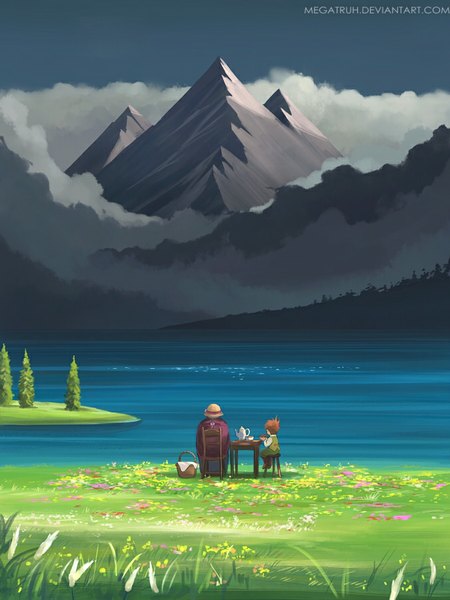 Anime picture 675x900 with howl's moving castle studio ghibli sophie hatter markl megatruh long hair tall image short hair sitting sky cloud (clouds) bent knee (knees) braid (braids) grey hair from behind sunlight orange hair single braid mountain old woman