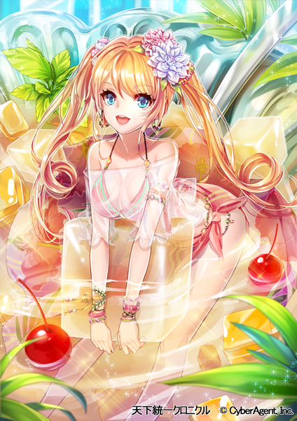 Anime picture 600x849 with tenka touitsu chronicle interitio single long hair tall image looking at viewer fringe breasts open mouth blue eyes light erotic blonde hair large breasts twintails hair flower girl hair ornament flower (flowers) swimsuit plant (plants)