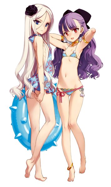 Anime picture 976x1645 with eiyuu senki vlad tepes (eiyuu senki) gawain (eiyuu senki) oyari ashito long hair tall image breasts open mouth blue eyes light erotic simple background red eyes white background purple eyes multiple girls white hair barefoot scan flat chest half updo