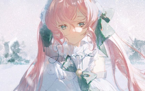 Anime picture 1599x1011 with original dingdingkuang single long hair fringe hair between eyes twintails green eyes payot pink hair upper body outdoors wind inscription watermark snowing winter snow sample watermark girl