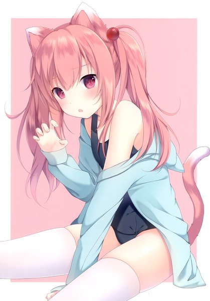 Anime picture 2076x2969 with original nachi single long hair tall image looking at viewer blush fringe highres open mouth light erotic simple background hair between eyes sitting twintails bare shoulders animal ears tail animal tail pink eyes