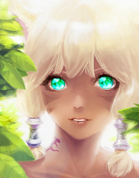 Anime picture 755x964 with final fantasy final fantasy xiv square enix miqo'te y'shtola rhul 7h2o single long hair tall image looking at viewer fringe blonde hair twintails green eyes animal ears parted lips lips sunlight cat ears cat girl