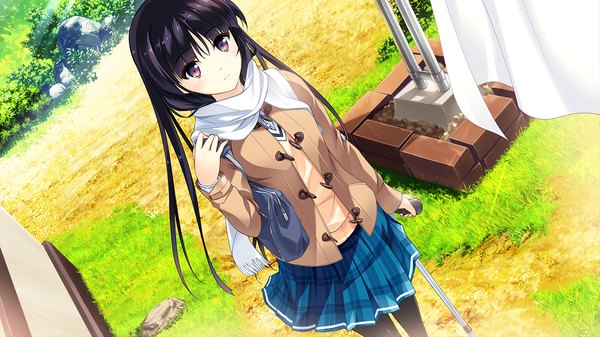 Anime picture 1280x720 with kono oozora ni tsubasa wo hirogete habane kotori single long hair looking at viewer black hair wide image purple eyes game cg girl skirt uniform school uniform pantyhose jacket scarf